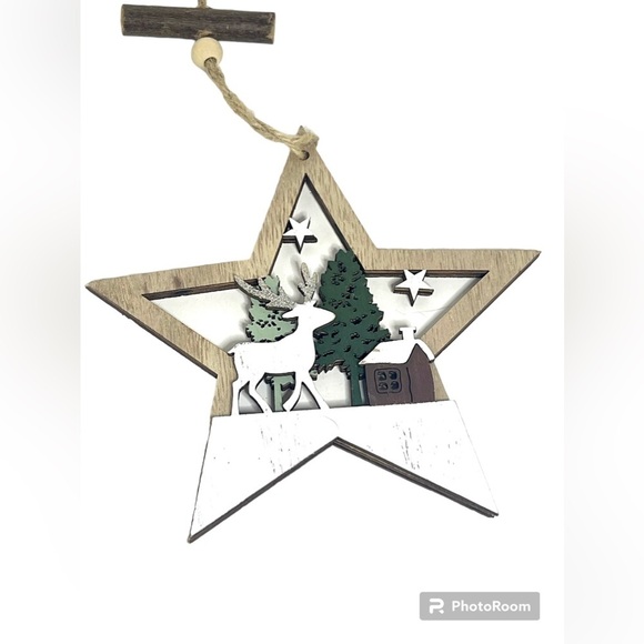 Star Shaped Green and White Reindeer in a Forest Christmas Ornament - Picture 2 of 3